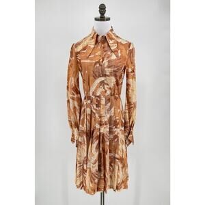 Vintage 70s Domani Taupe Metallic Print Collared Pleated Long Sleeve Dress Sz 8